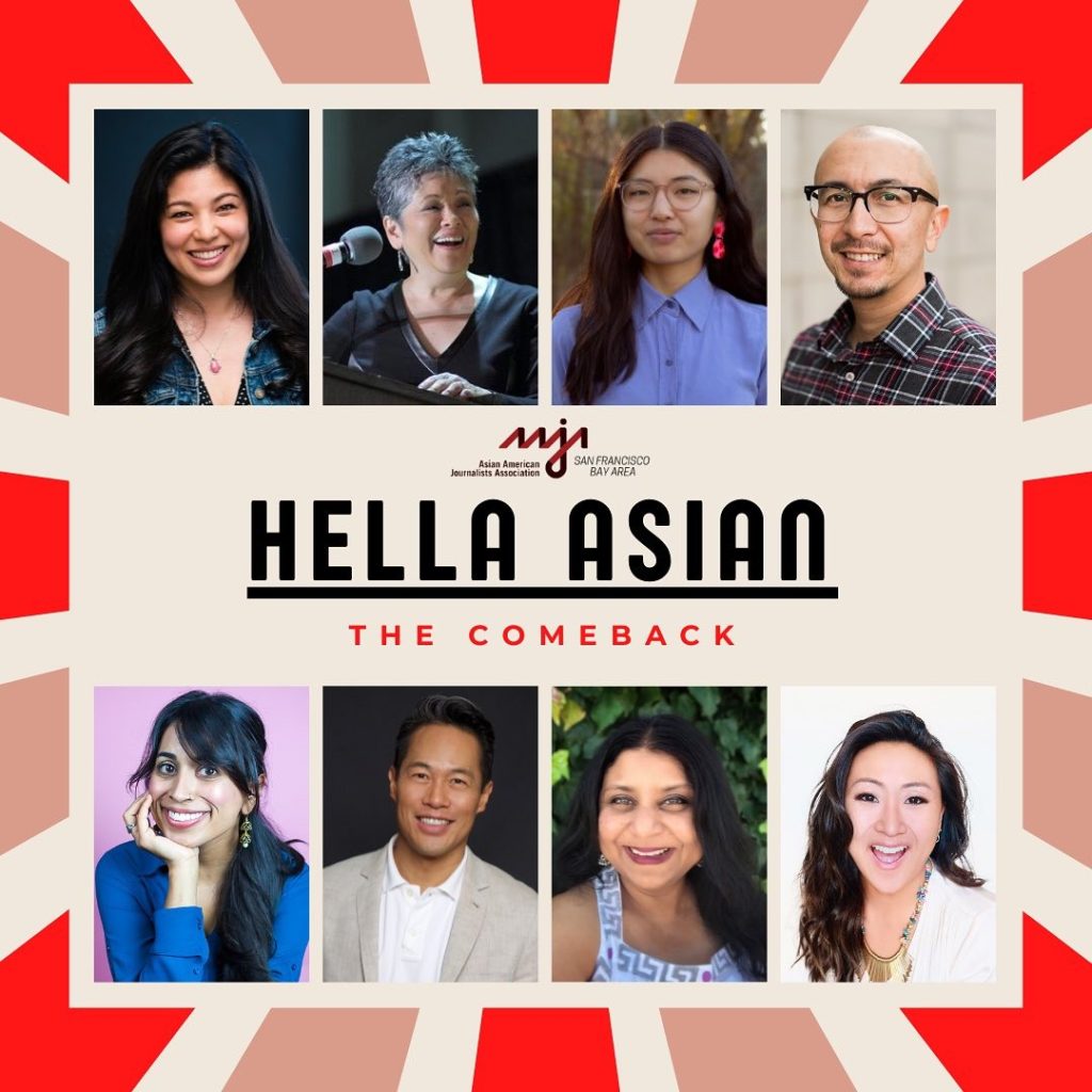 The Hella Asian lineup: Maggie Tokuda-Hall, Wendy Tokuda, Erica Cruz Guevarra, J.P. Dobrin, Sonia Paul, Richard Lui, Barnali Ghosh amd Michelle Mush Lee