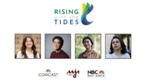2023 Rising With the Tides fellows and editorial coach, from left, Kate Selig, Kori Suzuki, Junyao Yang and Karishma Mehrotra